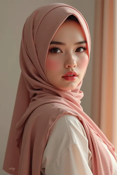 a young Indonesian woman wearing a hijab, curvy body, clean white skin, high nose, thin lips, beautiful eyes, red cheek make up, shiny pink lipstick, full body
