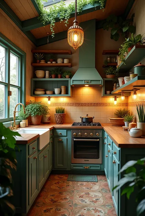 A witchy cottage core and art deco small, cosy kitchen