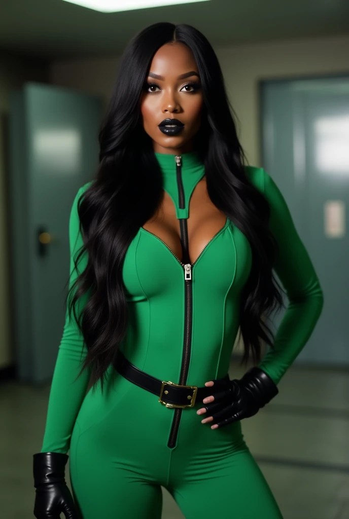 Live image, beautiful ebony girl, 21 years old, long silky black hair, perfect face, skinny body, thick eyeliner, tanned skin, glossy black lipstick, wearing a green full body skintight zipped catsuit, black tactical belt, black gloves, confident pose, in ...