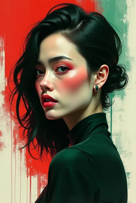 Create an abstract portrait of a woman with red and green colors