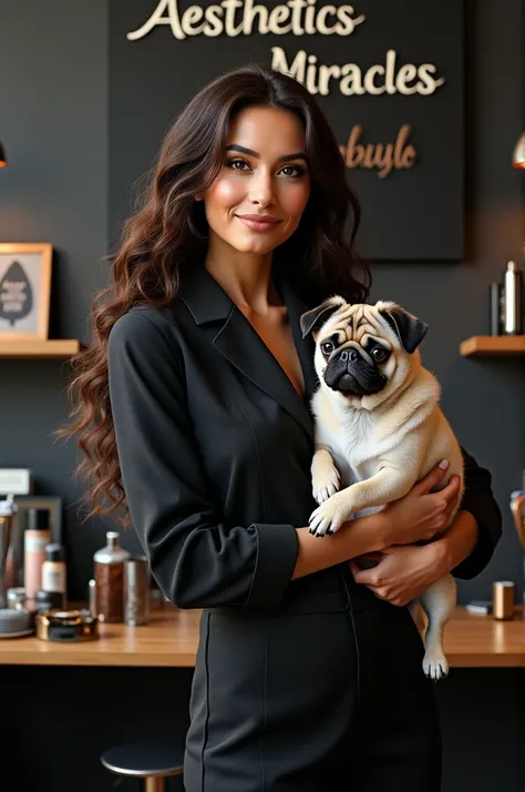 Imagine a woman with curly long hair ,  dressed in an elegant uniform typical of a stylist ,  She carries in her arms an adorable pug ,  with her characteristic short snout and big eyes .  The background is decorated with a black sign and has a phrase writ...