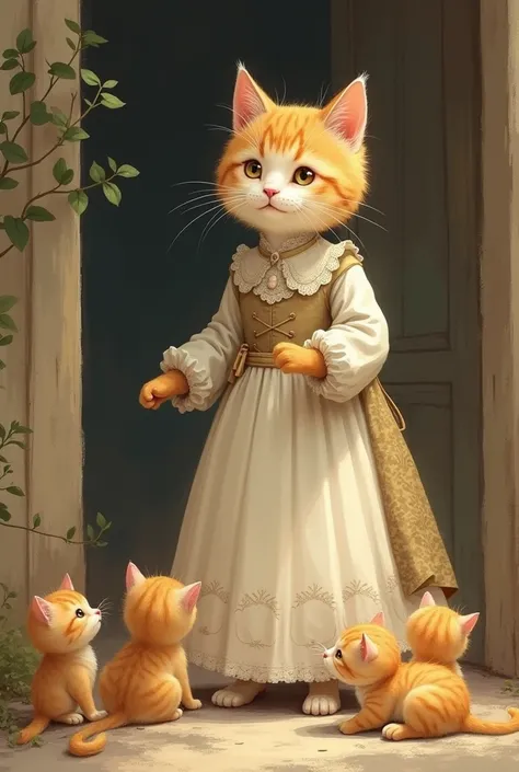 mother cat wearing long frock comes home