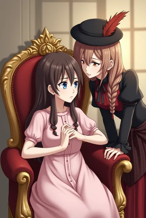 the first girl sits on a high-backed gilded chair.  she has dark brown hair.  she put on a light pink dress.  her face shows concern.  the second girl stands behind the chair and leans towards the first girl.  She whispers something in the ear of the first...