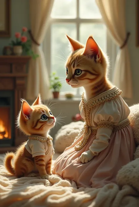 kitten wearing shirt and skirt tells all the story to mother cat wearing long frock 