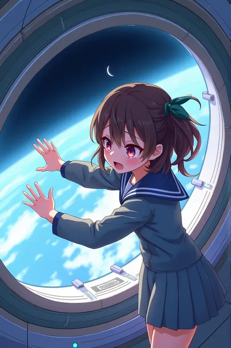 An anime-style hardback illustration of a  girl crying and waving her hand from the window from the window of a spaceship