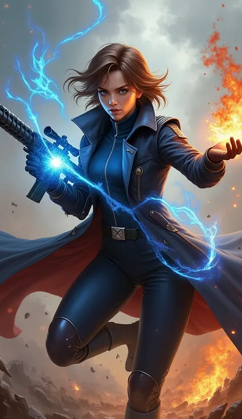 Create a dynamic and powerful splash art for a Magic: The Gathering card, featuring a female soldier inspired by Riza Hawkeye from Fullmetal Alchemist. She wears a dark blue military uniform with silver accents, a long coat, and short brown hair. She holds...