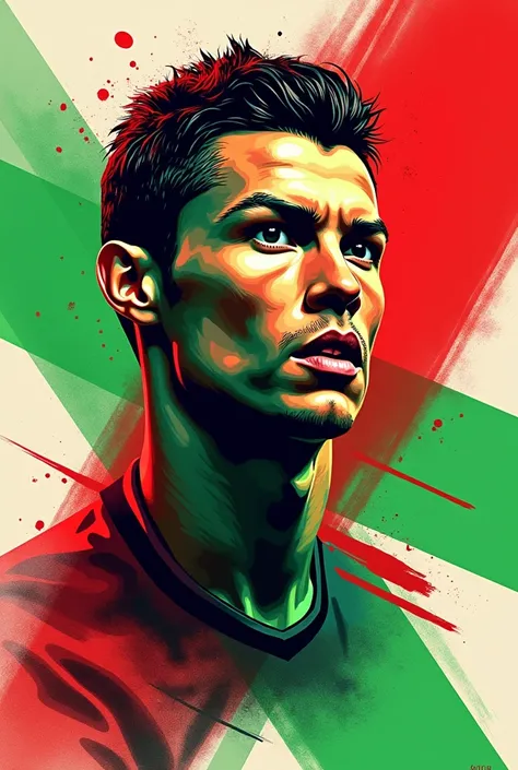 Create an abstract portrait of a Cristiano Ronaldo with red and green colors