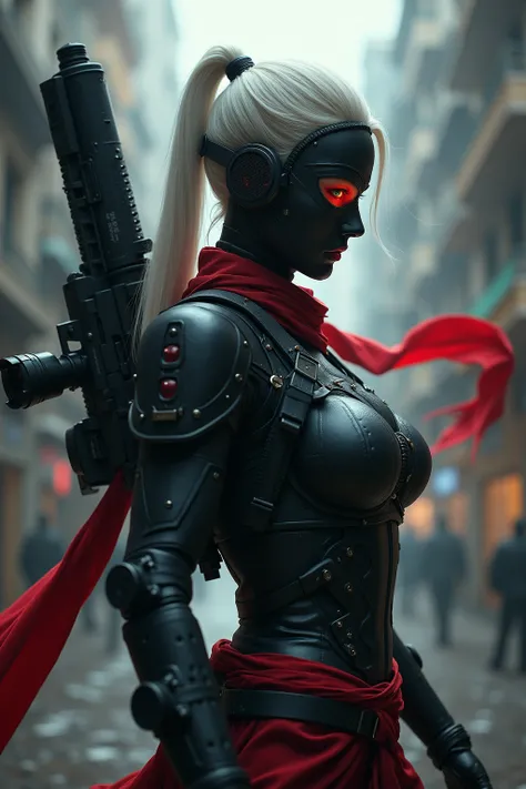 (Female Ninja Cruel Mech: 1.3, Full body covered mech, Heavy AWP on the back, DSLR, light tracking, 3D, Conceptual art, action painting, movie lighting, chiaroscuro) :(1.3). Highlighting the curve of the chest., long white ponytail hair looks elegant and a...