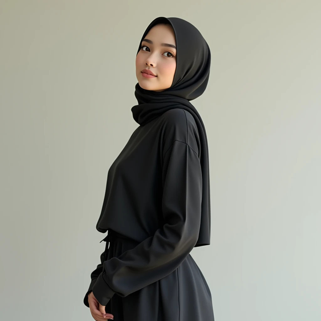 a Indonesian woman, wearing black hijab, 20 years old, curvy body, clean white skin, full pose
