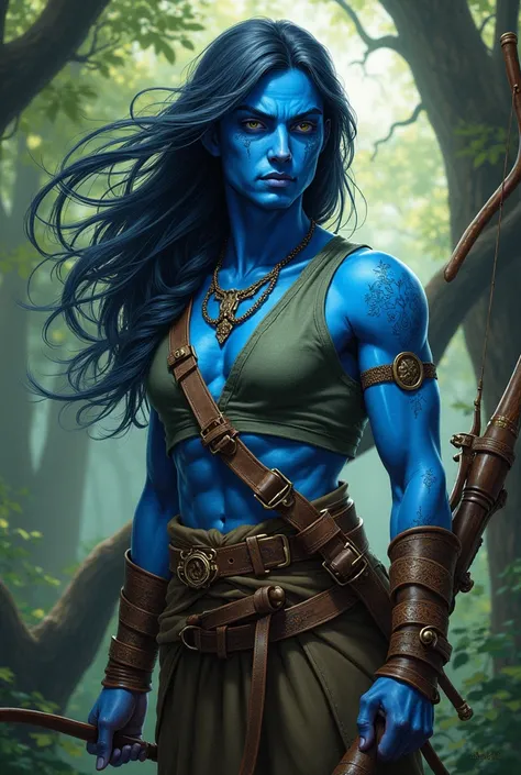 Blue skin 
Druid archer dnd style portrait 
