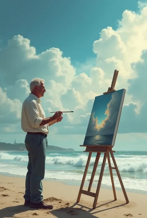 Generate a realistic photo of a civil painter on the beach with a brush in his hand as if he were painting the sky