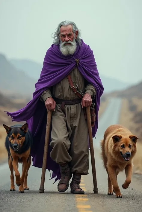 Old bearded gray-haired man wears a purple cape, walks with crutches and carries three dogs by his side, his body is full of wounds and sores, hes been walking down a road.