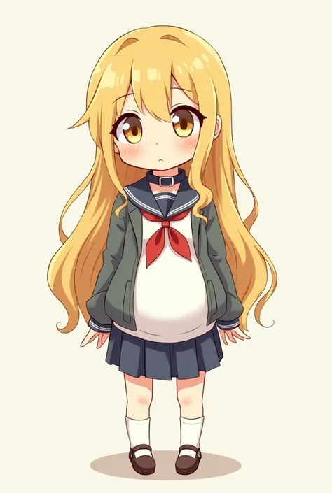 ( pregnant: 1,5),  chibi, 2 s,  long blond hair ,  dog collar around her neck, standing, school clothes