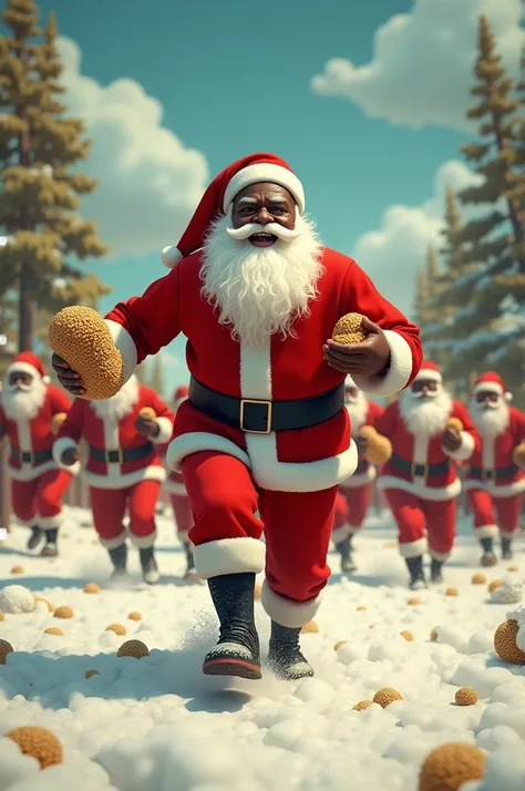 Ten father Christmas running with garri on their hands 