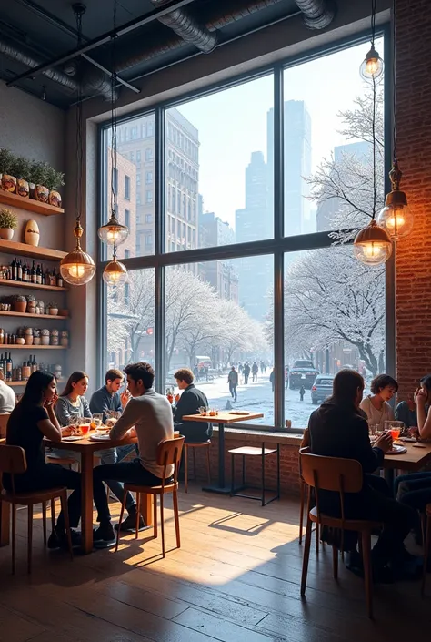  A bright coffee shop with large windows, behind which there is a winter city 