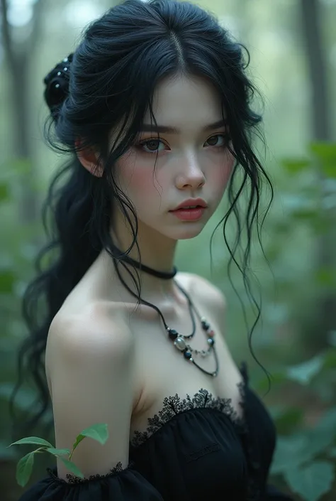  Make a young and slightly goth woman,  I want her with a very delicate and attractive manner, In a clear and beautiful setting 