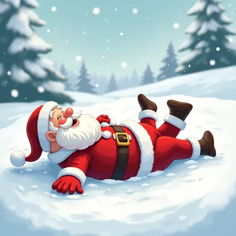 cartoon Santa lies on his back in the snow, arms and legs spread out to the sides, illustration,  high detail, 8 k