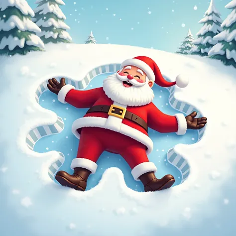 cartoon Santa lies on his back in the snow, arms and legs spread out to the sides, does "snow angel", illustration,  high detail, 8 k