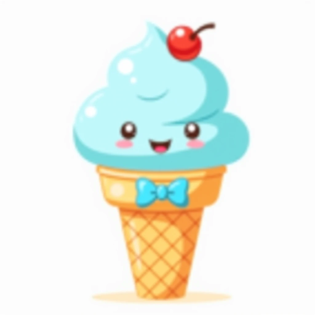 Cute, light-blue ice cream sundae graphic design on a transparent background.  Smiling, cartoon ice cream cone with a small, red cherry on top.  Ice cream has a light-blue cloudy shape.  The ice cream cone is a light orange, with a repeating grid pattern, ...