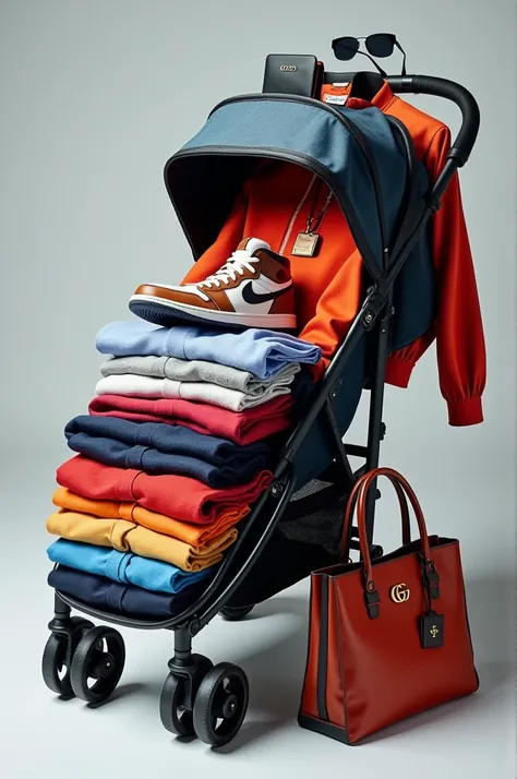 Create an image of a stroller filled with mens clothing and sneakers from Nike and accessories from Gucci