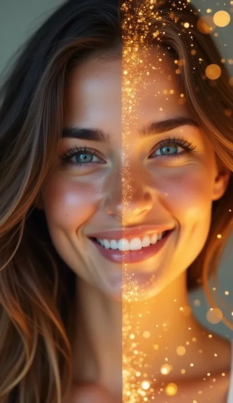 A dynamic image showing the woman in mid-transformation:

On the left, she looks fatigued and stressed, with dull skin and untamed hair.
On the right, she’s glowing, smiling, and confident, with perfect skin and flowing, healthy hair.
In the background, fa...