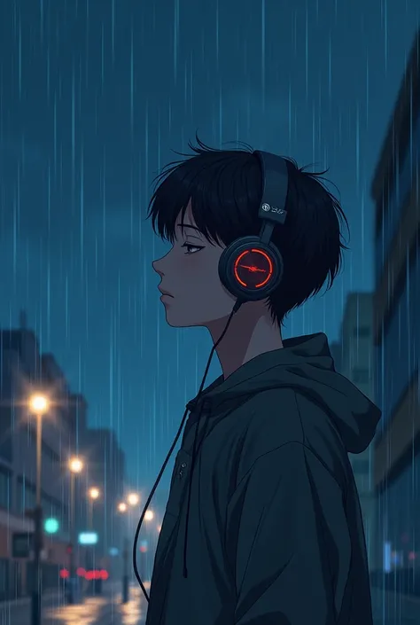 Draw a young man listening to music with headphones at night in the rain in an anime drawing 