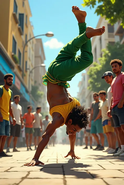 capoeira fighter, wearing green and yellow clothes , taking the somersault on the street and some people watching