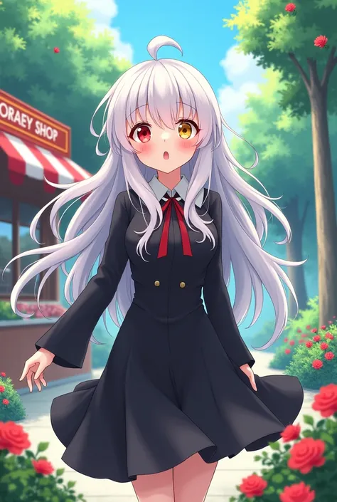 Anime style parque 
 shop background MY ACADEMIC HERO wears a black dress with long sleeves, long and messy white hair, eyes one red the other yellow, surprised and blushed expression 