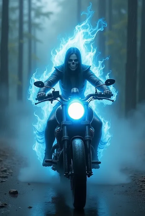 Ghost rider rides her motorcycle in flames, its dark with fog and light rain