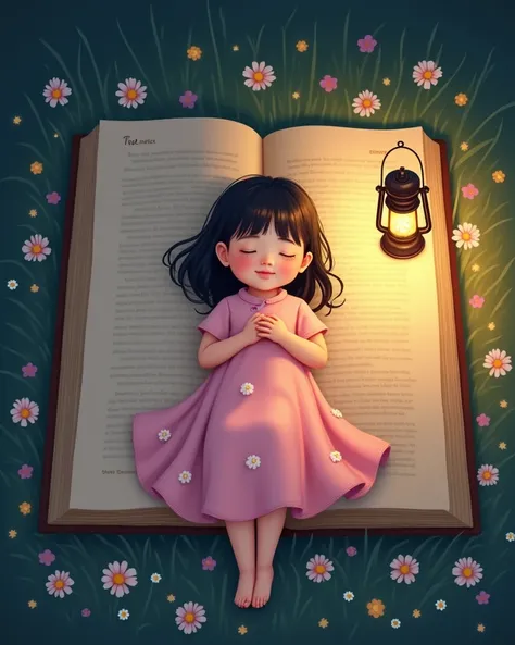 Illustration style. Top view. A very cute  in Taiwan wearing a pink sleep flower dress, lying flat on a huge unfolded beige bible, which completely holds the . The  has her hands folded on her belly, her eyes are closed and she is smiling, showing a peacef...