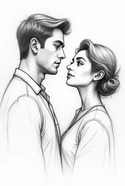 Sketch of a man and woman looking at each other. View 3/4