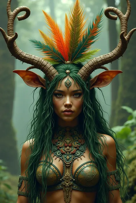  A goddess who is a primal queen ,  she represents the natural elements that are fire , air, water and earth ,  and I want her to represent those elements , She is a humanoid alien ,  her hair is made of green leaves and roots , , long curled horns that lo...