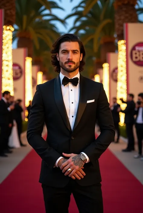 Looking at the camera, a 23-year-old , dark wavy hair , muscular physique, a classic black tuxedo ,  had a tattoo on his hand and rings on 
Admission to The Best FIFA themed evening gala event at the iconic Sydney Opera House, with a Burgundy Carpet that e...