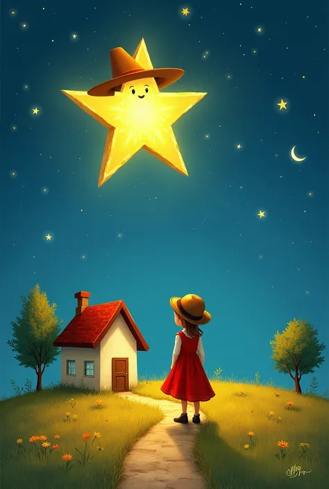  Create an image of a bright star with a hat that seems to be on its way to a simple house that has one in a red dress outside looking up at the sky. "Make the image in a theme to illustrate a passage from a book for ren from 7 to  ".