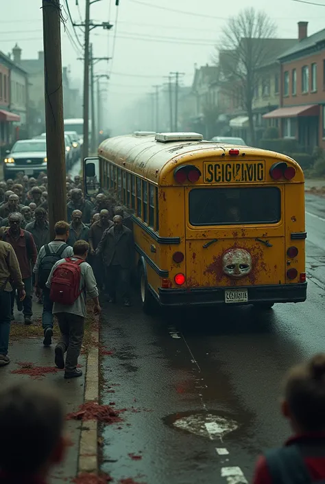 Zombies trying to get on the school bus 