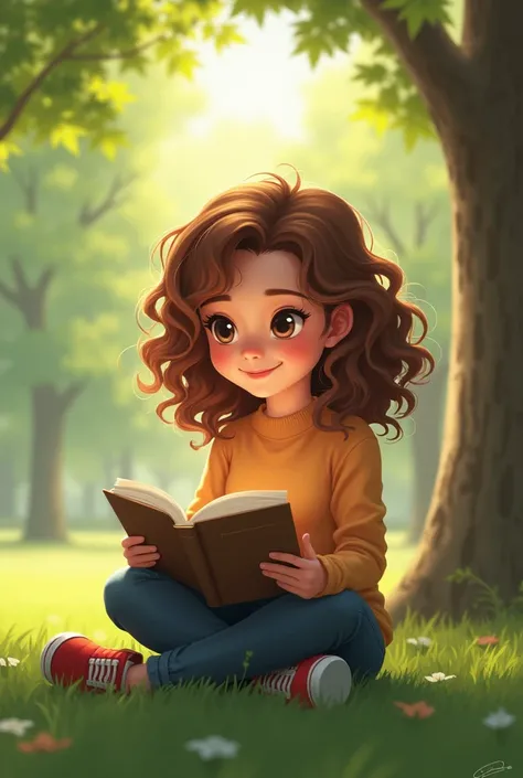 Happy girl reading a book curly light brown hair in dress sitting in a park 