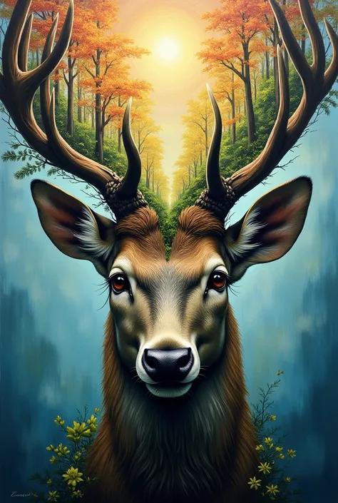 a painting, A deers head seen from the front with a forest inside the head. Acrylique.