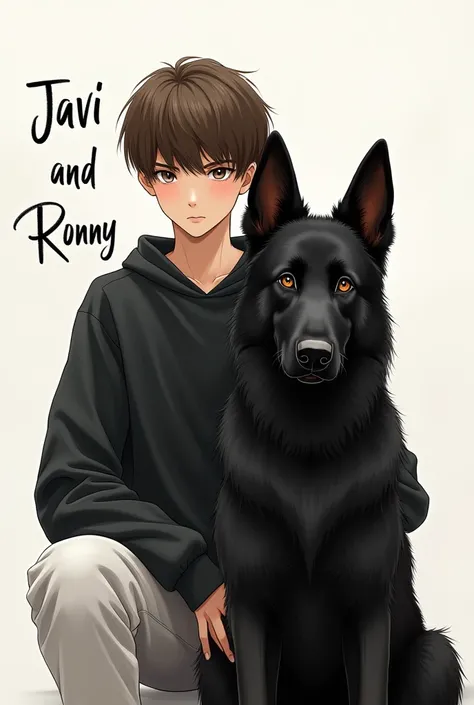  German shepherd totally black with brown eyes drawing and a 16-year-old boy with hair with brown bangs and brown eyes wearing a black sweatshirt and white pants and who puts Javi and Ronny as text behind 