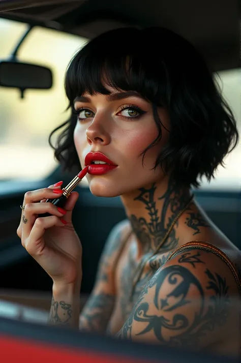  I would like to create an image of a canonical woman , tattooed, with short black hair with bangs ,  who is painting her lips sitting as a copilot with the car mirror 
