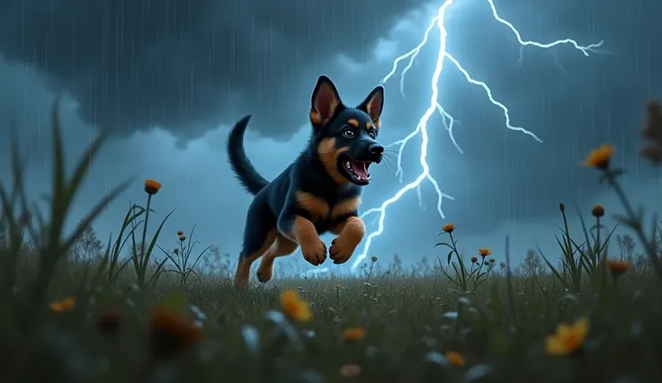 A German shepherd puppy runs away worried in the field while it rains and flashes. 