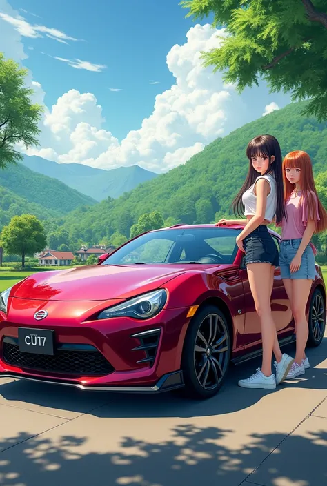 Draw a burgundy Daihatsy and two girls next to the car