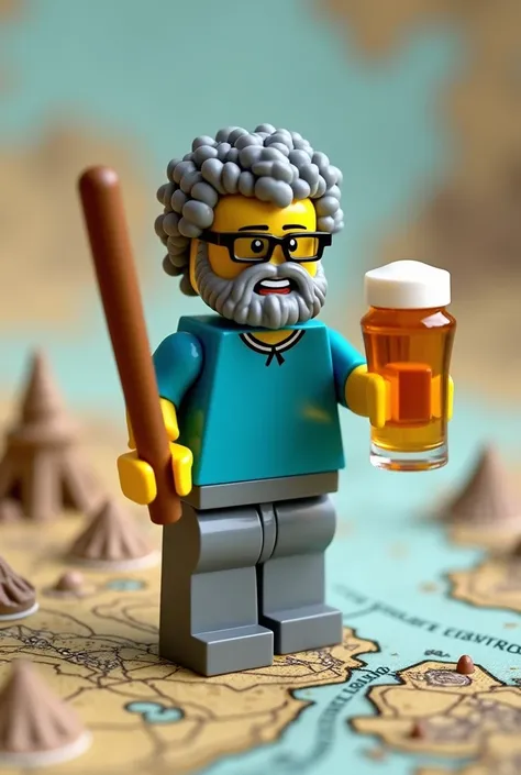  Lego-like man doll with curly gray hair ,  short beard, rectangular rimmed glasses , t-shirt azul, gray pants walking on a map with a staff in one hand and a beer in the other hand 