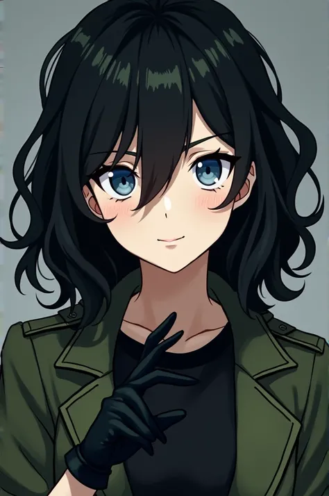  Create a character in the style of the Bungou Stray Dogs anime. An 18-year-old girl, wavy jet black hair and blue eyes .  She wears a black t-shirt with a military green coat and black gloves. He is smiling.