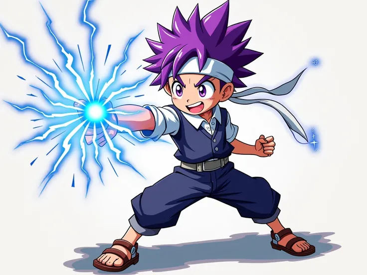 Boy,  purple hair, smiles,  white headband,  fighting pose, electricity from hand ,  Anime style 