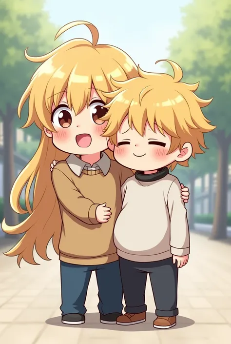  pregnant: 1,5),  chibi, 1 and a boy  ,  the boy hugging the other from behind, Long blond hair on the   ,  dog collar around the neck of the   , standing,   with school clothes