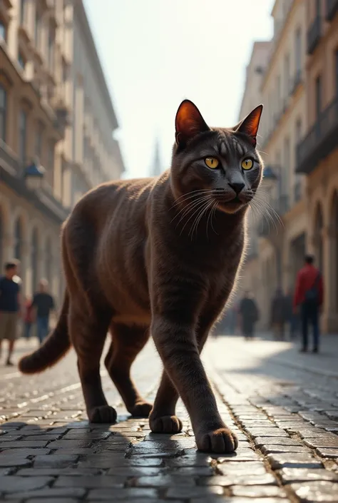 "A super realistic image of an impressive Chausie, a giant cat, walking gracefully in an urban square