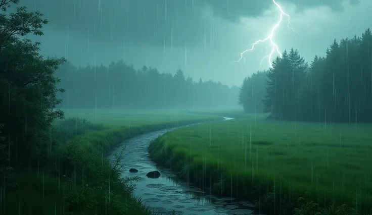 A path with pools of water in the field while it rains with blurry lightning.