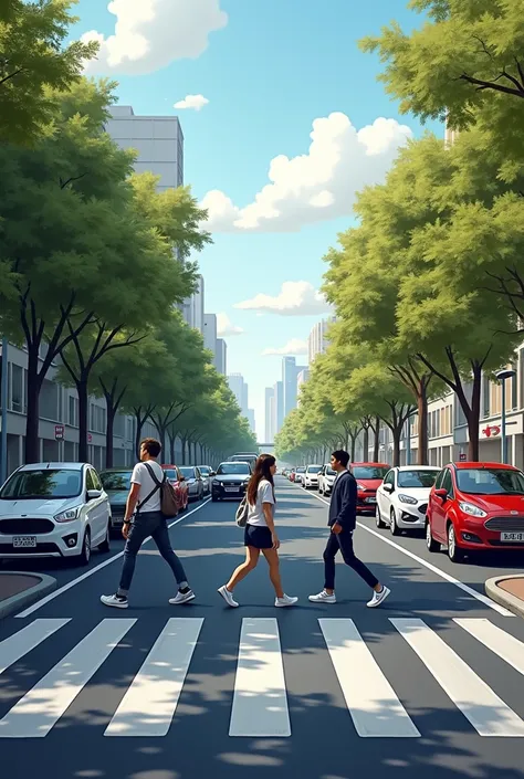 Creat a scenario where students are crossing the road at zebra crossing which is very crowded with on-street parking. Let the zebra marking be visible. let it is a day time. make students crossing the road perpendicularly. add a vehicle coming towards stud...