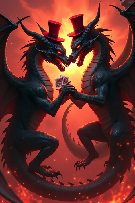  Make me two black demon dragons with a red fire background . Dragons love each other .  The dragons have a red top hat on and a wild card in their mouth.