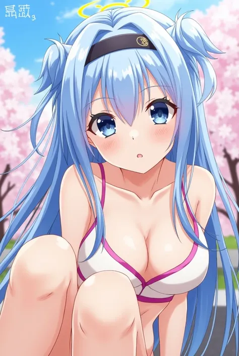 score_9, score_8_up, score_7_up, source_anime, 1girl, solo, outdoors, street, cherry blossoms,  looking at viewer, shiny skin, close-up,  blue eyes, absurdly long hair, bare shoulders, blue hair, hair between eyes, sidelocks, headgear, cleavage, crossed ba...